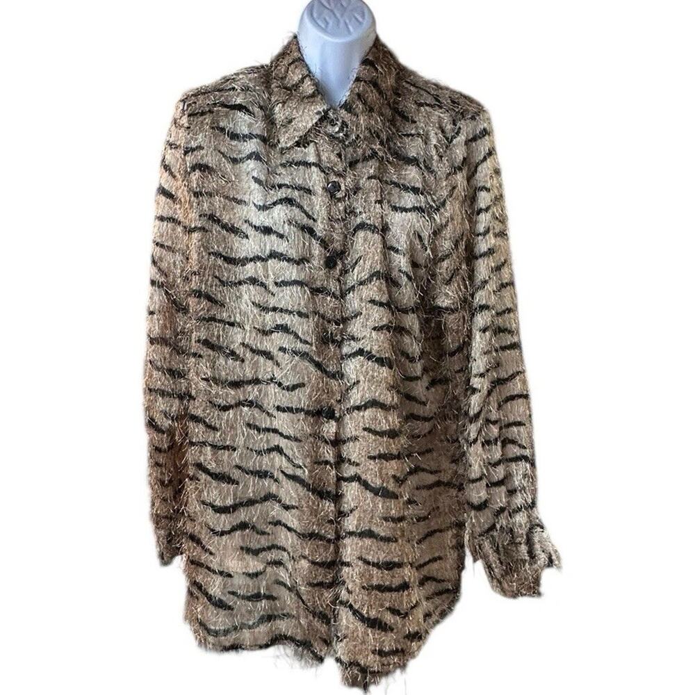 Vintage Gantos Animal Print Tiger Stripe Sheer Button Front Blouse 90s Y2K L